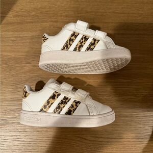 Adidas Kids White Sneakers with Leopard Accents